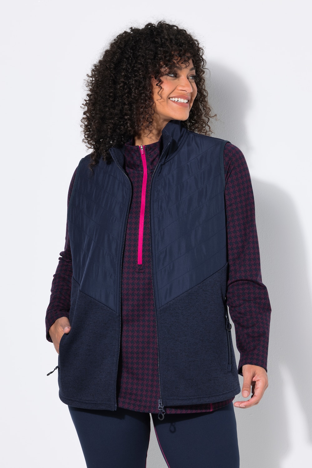 Hybrid-Weste, Strickfleece, Kapuze, Steppeinsatz