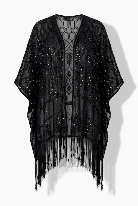 Chiffon-Jacke, Stickerei, Fransensaum, offene Form