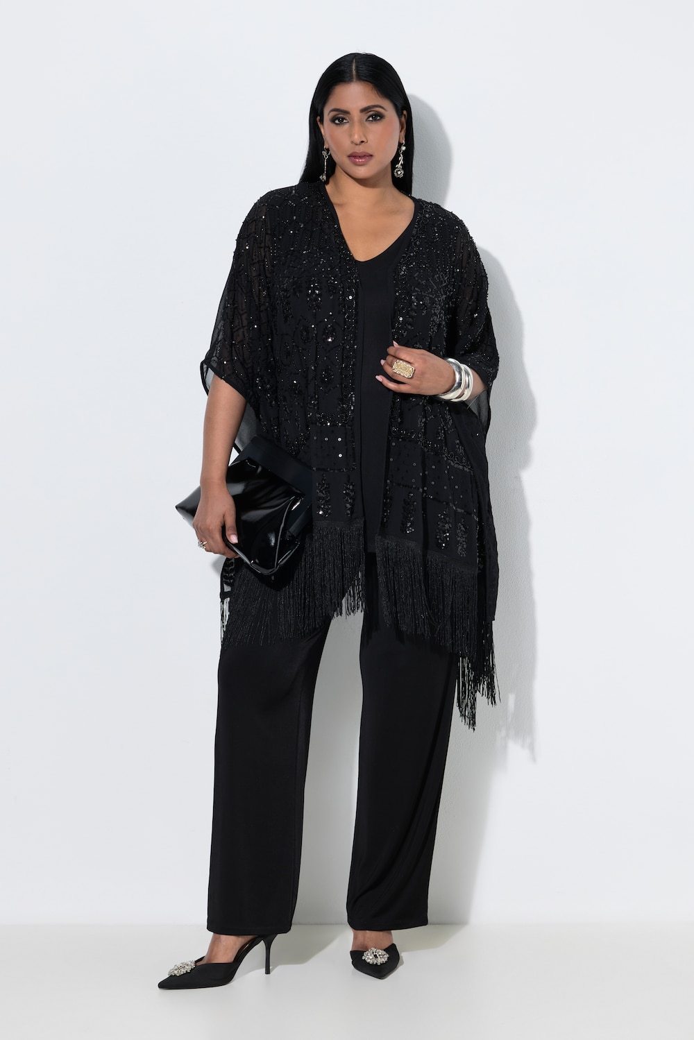 Chiffon-Jacke, Stickerei, Fransensaum, offene Form