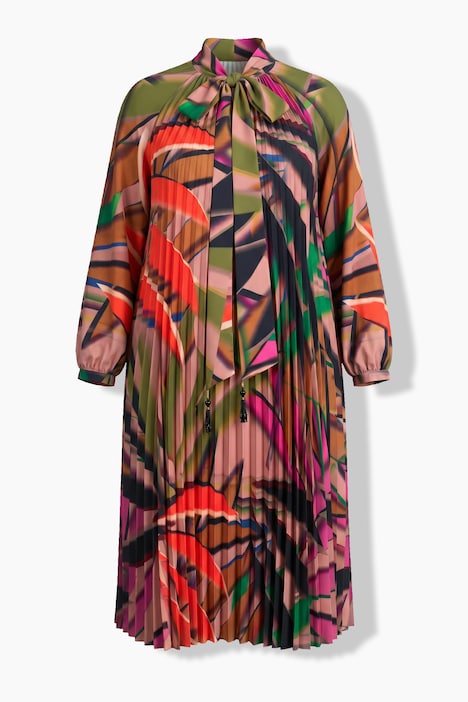 Midi-Plisseekleid, Blätter, A-Linie, Stehkragen, Langarm