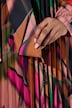 Midi-Plisseekleid, Blätter, A-Linie, Stehkragen, Langarm