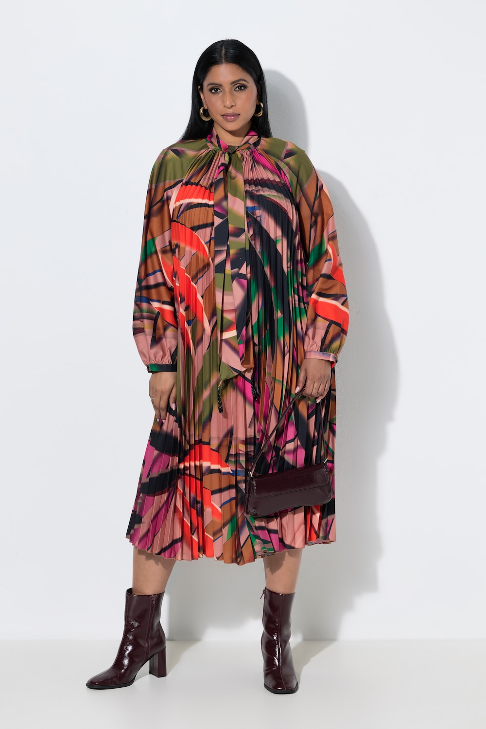 Midi-Plisseekleid, Blätter, A-Linie, Stehkragen, Langarm