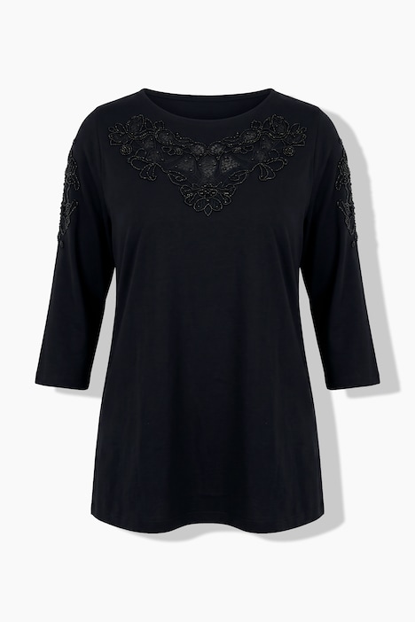 Shirt, Ausbrenner-Stickerei, U-Boot-Ausschnitt, 3/4-Arm
