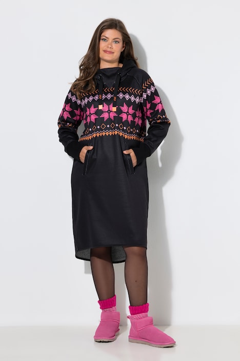 Norweger-Strick-Fleece- Kleid, Kapuze, Langarm