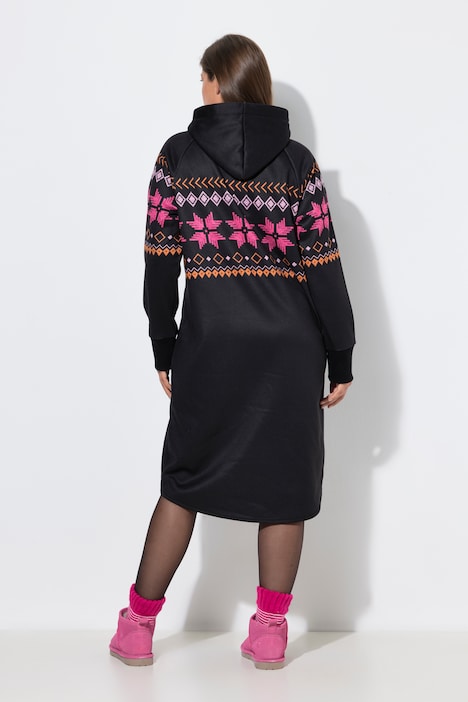 Norweger-Strick-Fleece- Kleid, Kapuze, Langarm