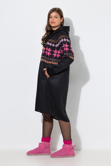Norweger-Strick-Fleece- Kleid, Kapuze, Langarm