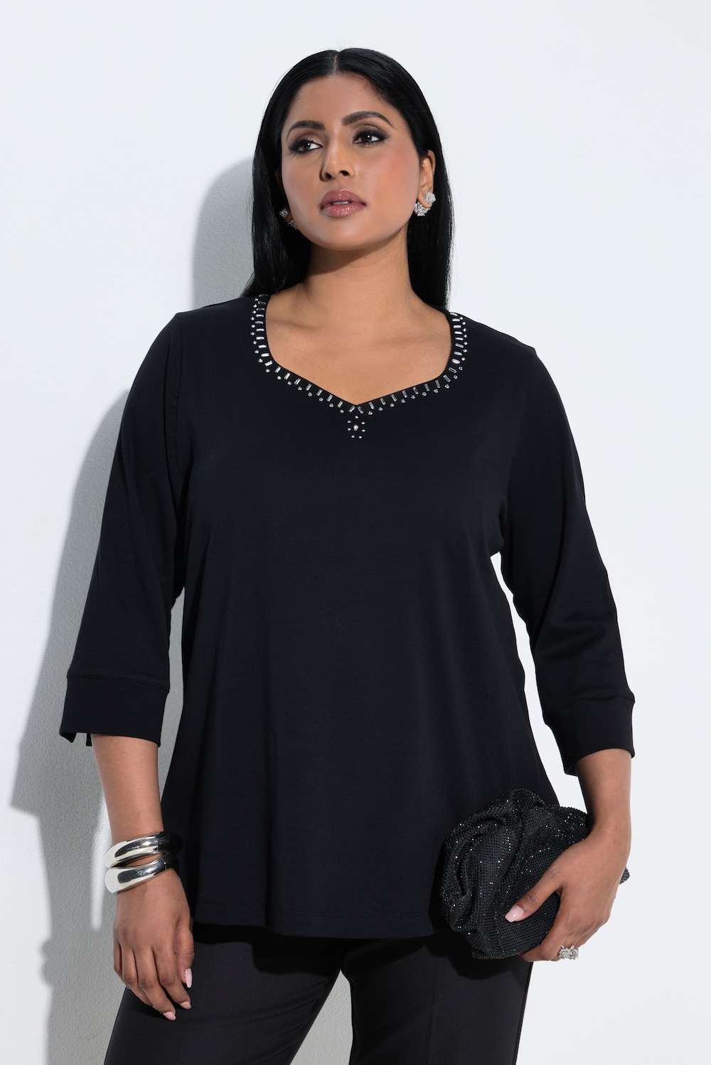 Shirt, Ziersteine, Herzsausschnitt, 3/4-Arm, Pima Cotton