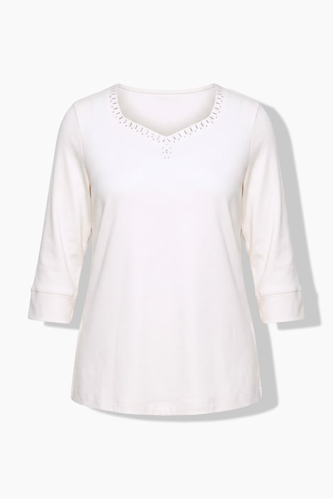 T-shirt en coton Pima, strass fantaisie, décolleté cœur et manches 3/4