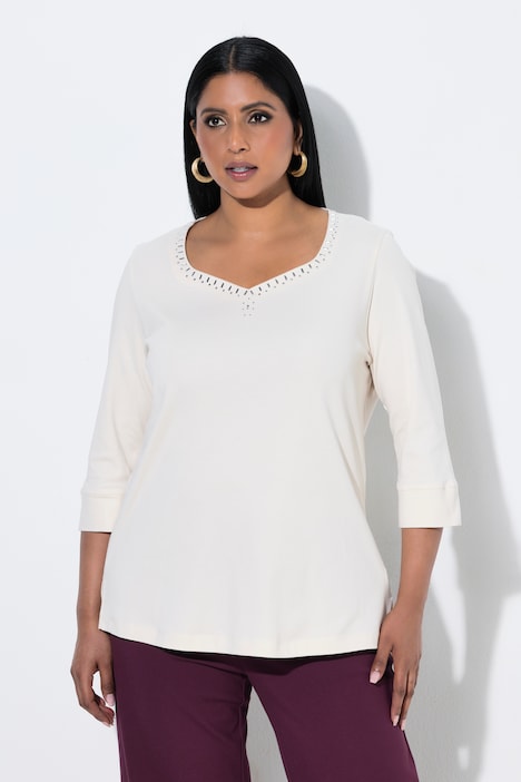 T-shirt en coton Pima, strass fantaisie, décolleté cœur et manches 3/4