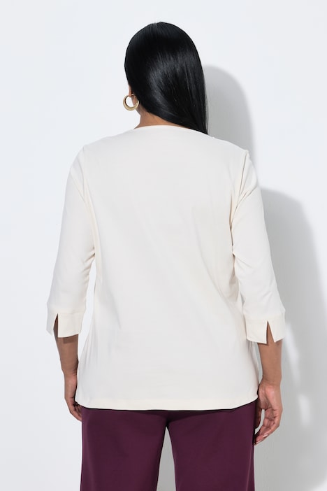 T-shirt en coton Pima, strass fantaisie, décolleté cœur et manches 3/4