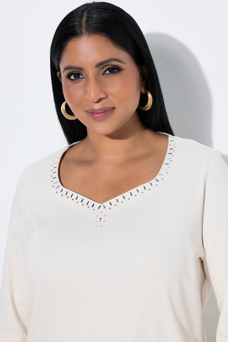 T-shirt en coton Pima, strass fantaisie, décolleté cœur et manches 3/4