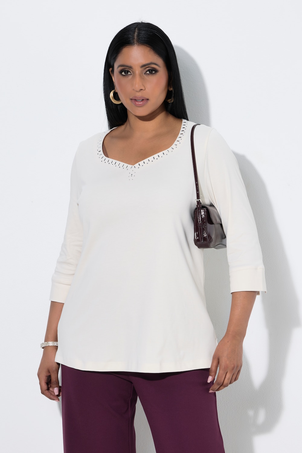 Shirt, Ziersteine, Herzsausschnitt, 3/4-Arm, Pima Cotton