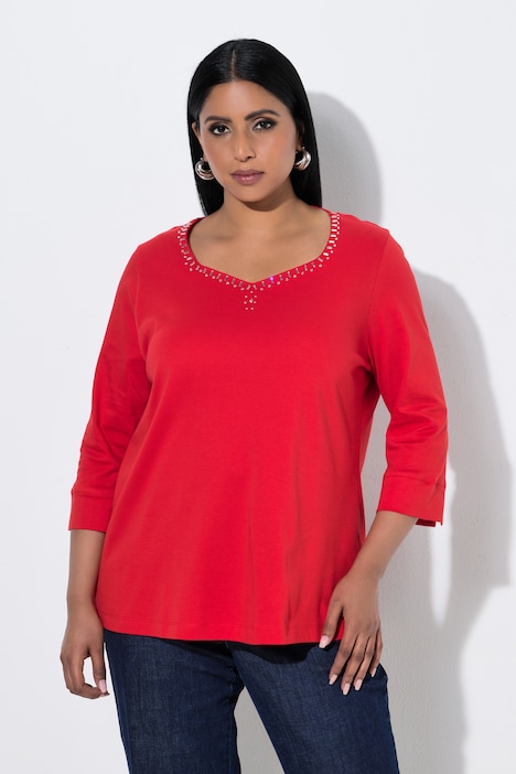 Shirt, Ziersteine, Herzsausschnitt, 3/4-Arm, Pima Cotton