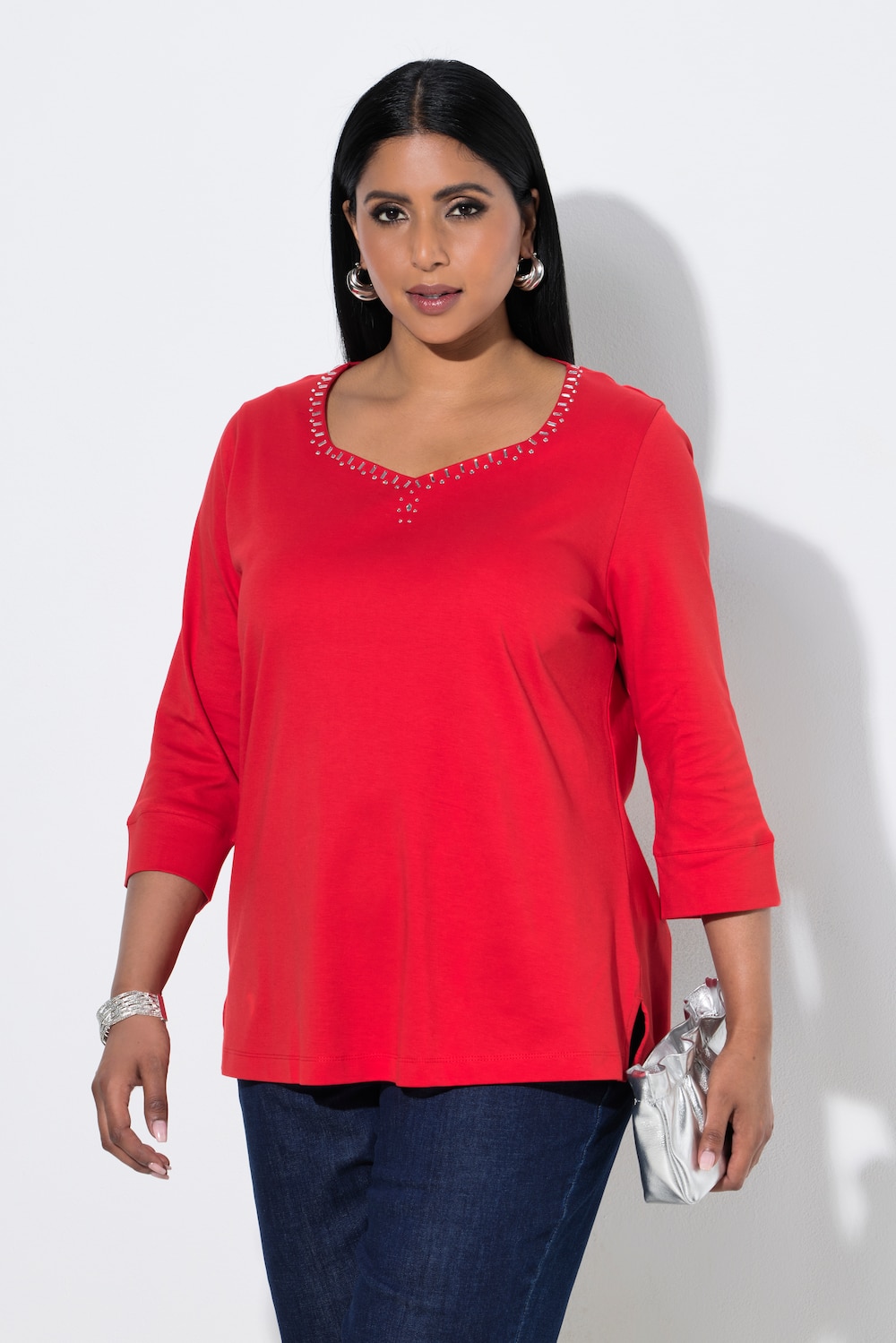 Shirt, Ziersteine, Herzsausschnitt, 3/4-Arm, Pima Cotton