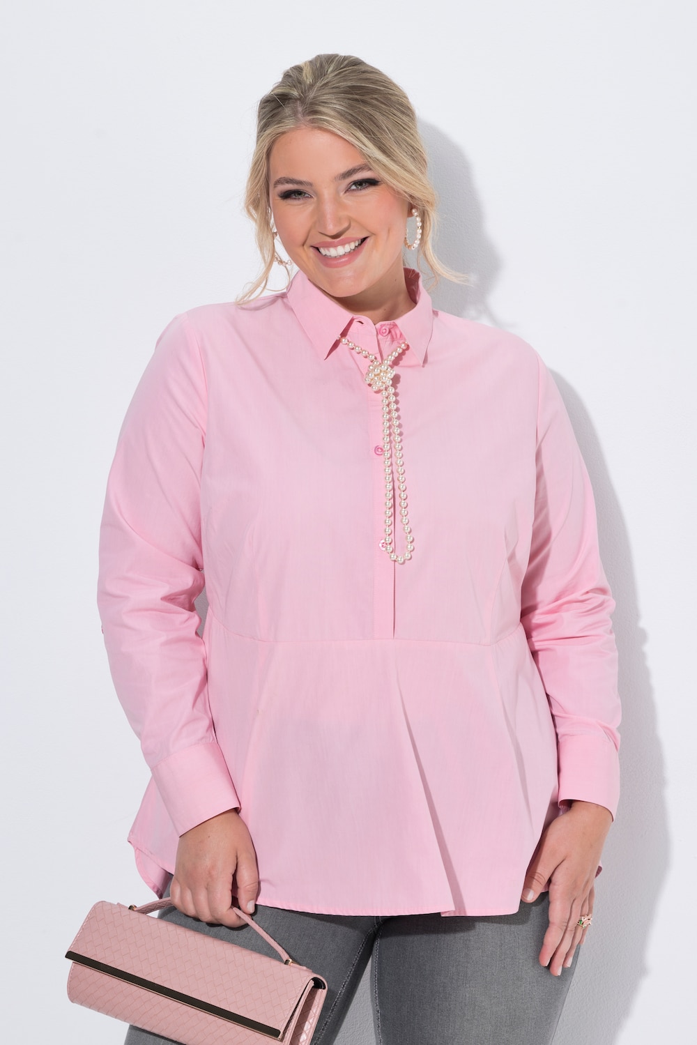 Popeline blouse, A-lijn,schootje, lange mouwen