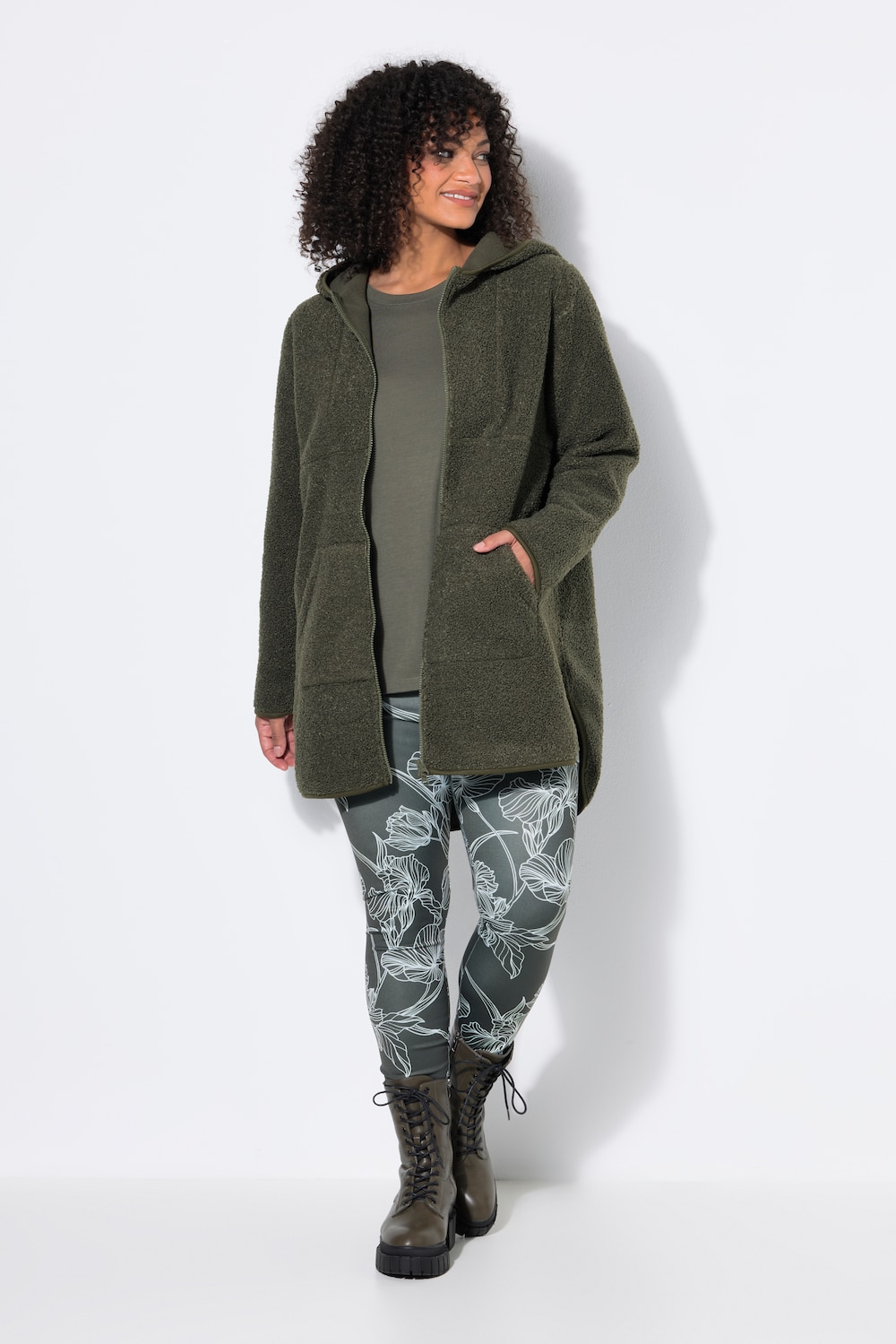 Longjacke, Teddyfleece, Kapuze, Langarm, hinten länger