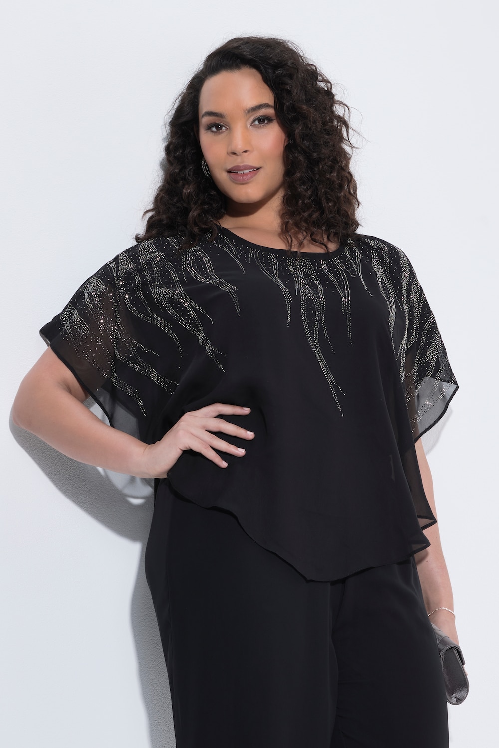 Chiffon-Bluse, doppellagig, Rundhals, 3/4-Arm
