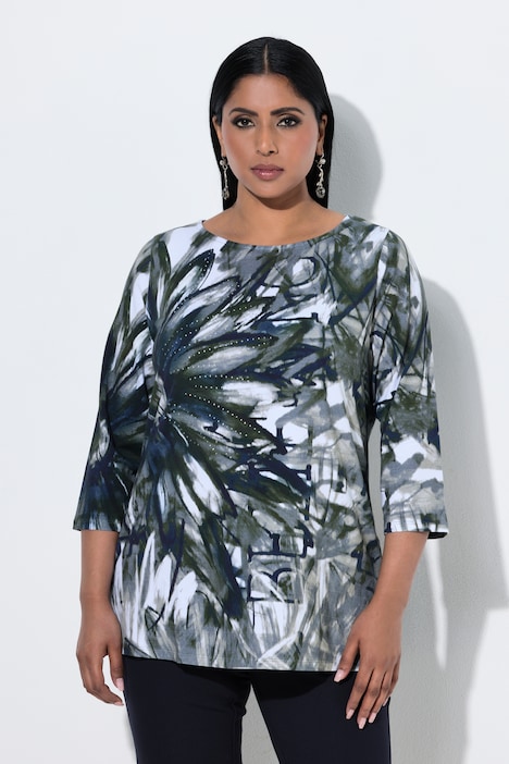 Shirt, Ziersteine, U-Boot-Ausschnitt, 3/4-Arm, Pima Cotton