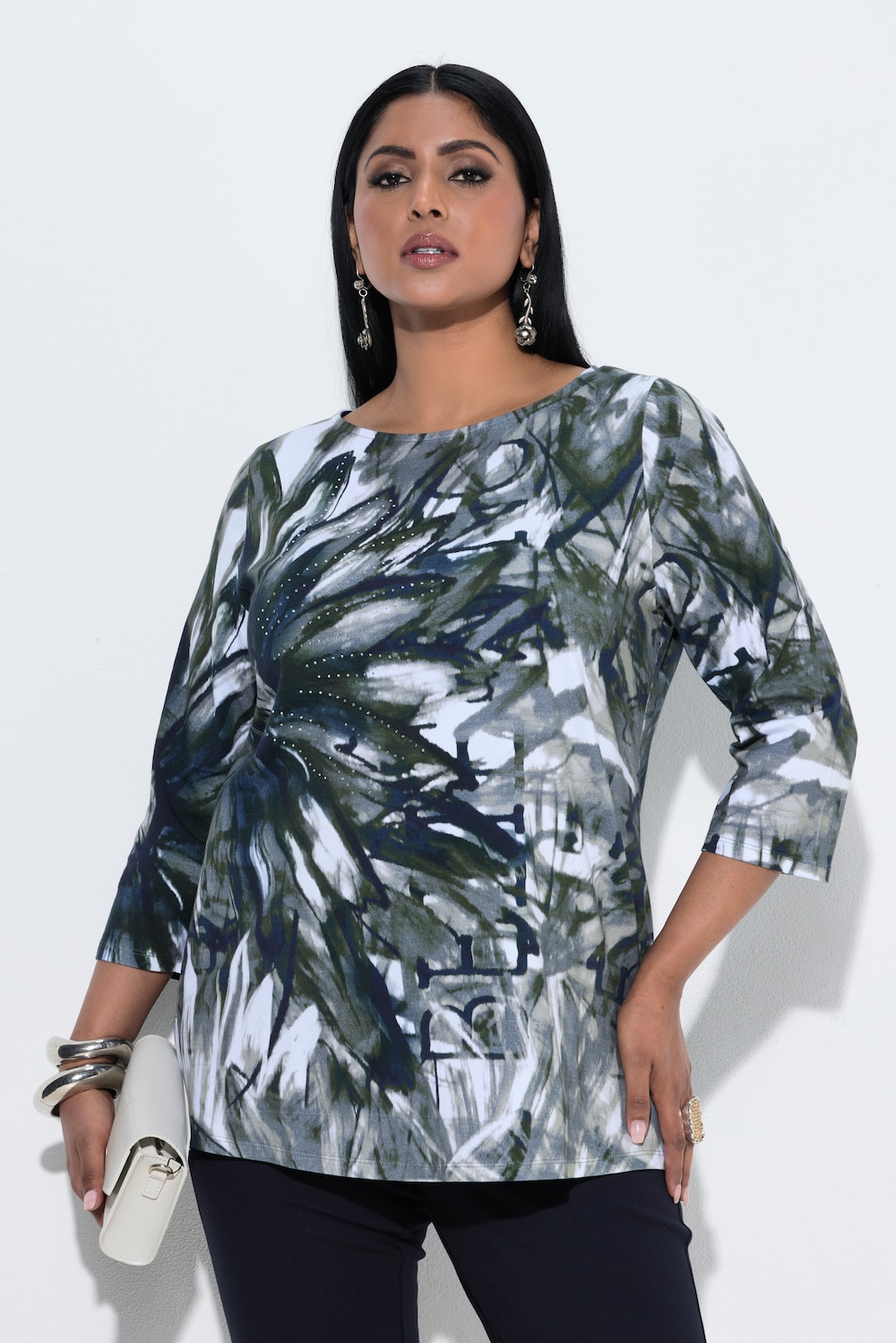 Shirt, Ziersteine, U-Boot-Ausschnitt, 3/4-Arm, Pima Cotton