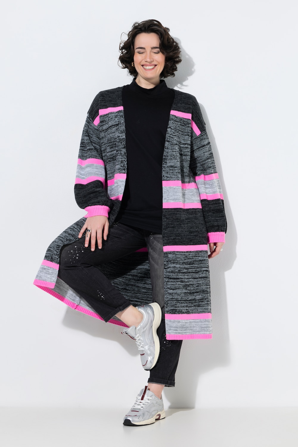 Long-Strickjacke, Ringel, ohne Verschluss, Langarm