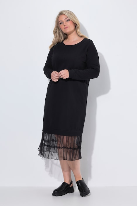 Midi-Sweatkleid, oversized, Mesh-Volants am Saum
