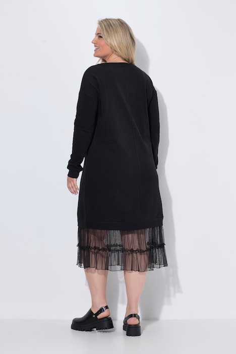 Midi-Sweatkleid, oversized, Mesh-Volants am Saum