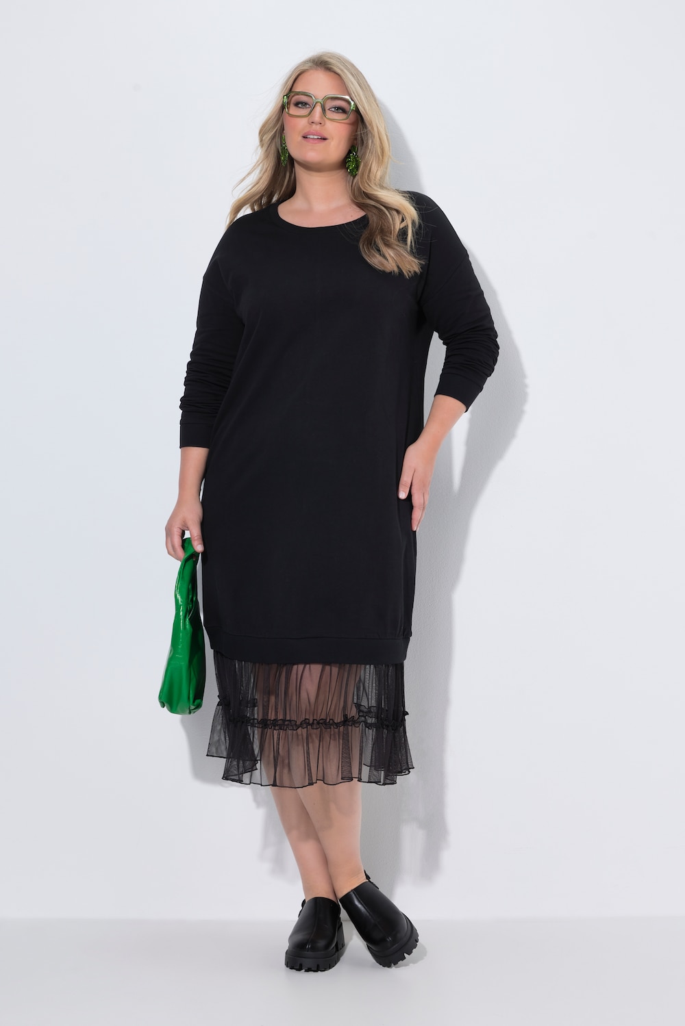 Midi-Sweatkleid, oversized, Mesh-Volants am Saum