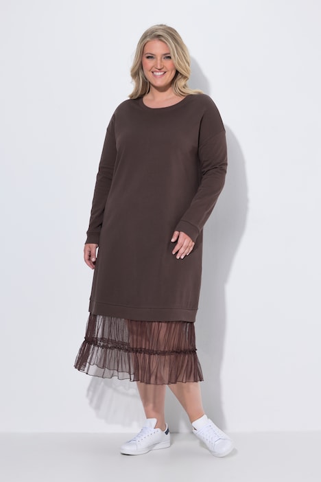 Midi-Sweatkleid, oversized, Mesh-Volants am Saum