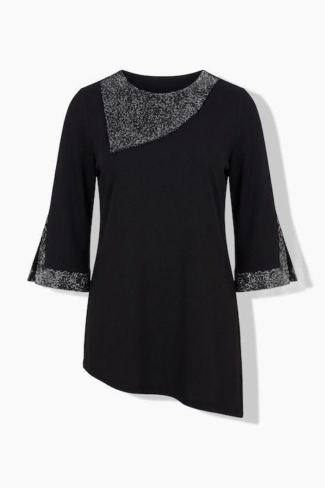 T-shirt avec strass fantaisie, décolleté rond et manches longues, coupe évasée