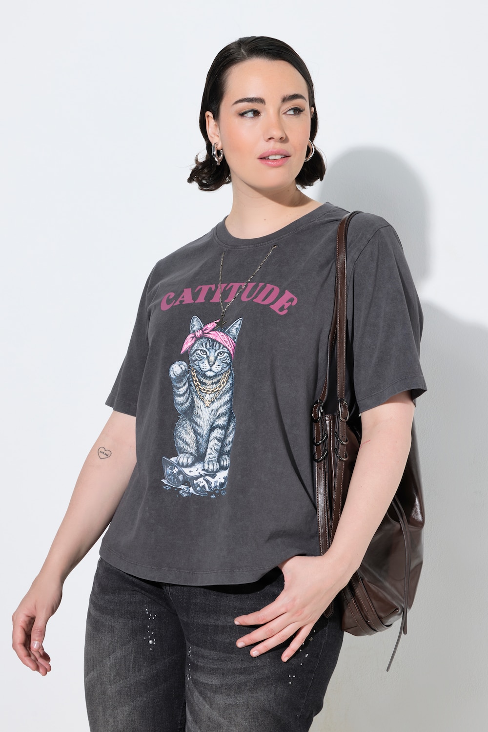 T-Shirt, Cattitude-Motiv, Boxy, Rundhals, Halbarm