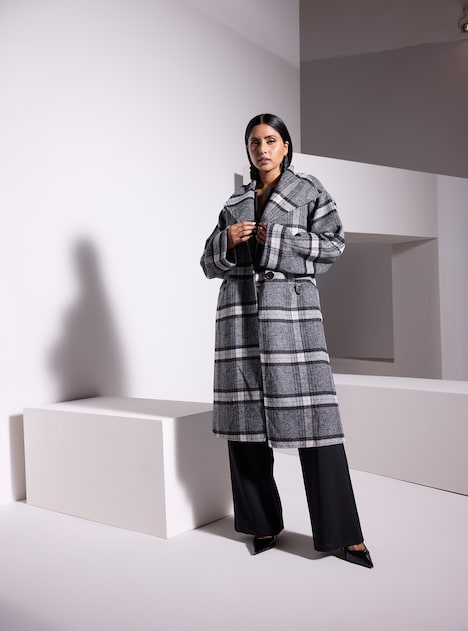 Wollmantel, Karo, Oversized, asymmetrische Knopfleiste