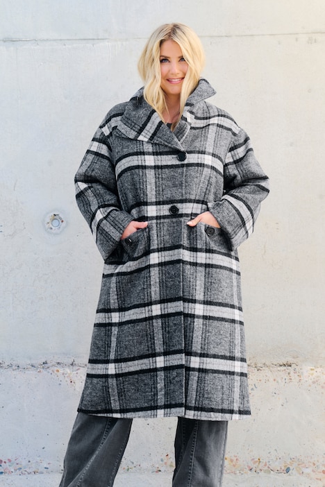 Wollmantel, Karo, Oversized, asymmetrische Knopfleiste