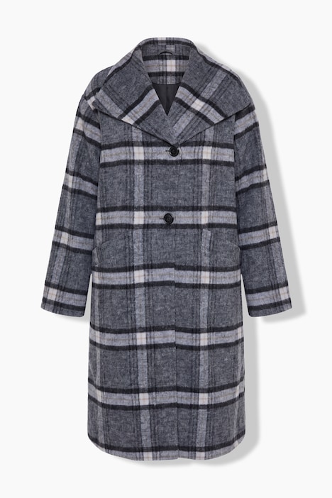 Wollmantel, Karo, Oversized, asymmetrische Knopfleiste