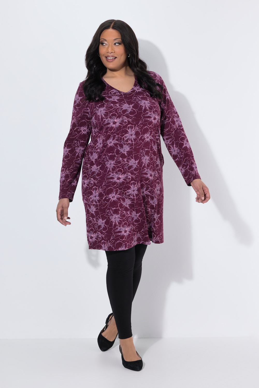 Longshirt, Blüten, A-Linie, V-Ausschnitt, Langarm