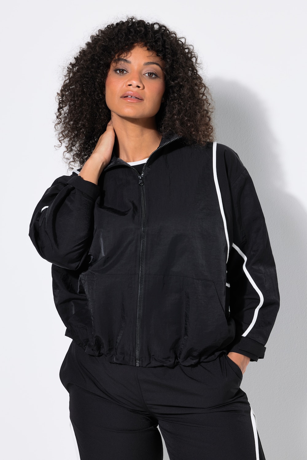 Trainingsjacke, Zierpaspeln, Oversized, Stehkragen, Langarm