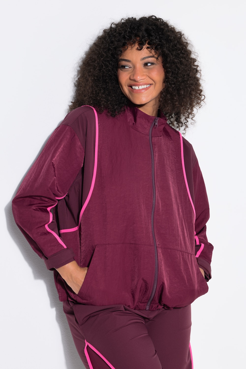 Trainingsjacke, Zierpaspeln, Oversized, Stehkragen, Langarm