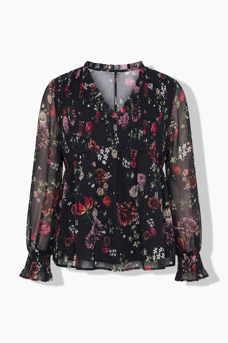 Blouse en mousseline à fleurs, coupe évasée, décolleté en V et manches longues