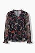 Blouse en mousseline à fleurs, coupe évasée, décolleté en V et manches longues