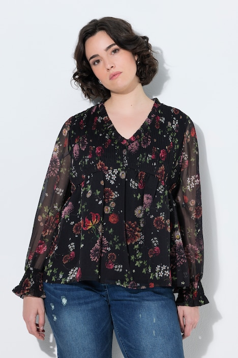 Blouse en mousseline à fleurs, coupe évasée, décolleté en V et manches longues