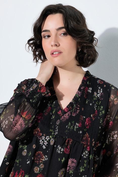Blouse en mousseline à fleurs, coupe évasée, décolleté en V et manches longues
