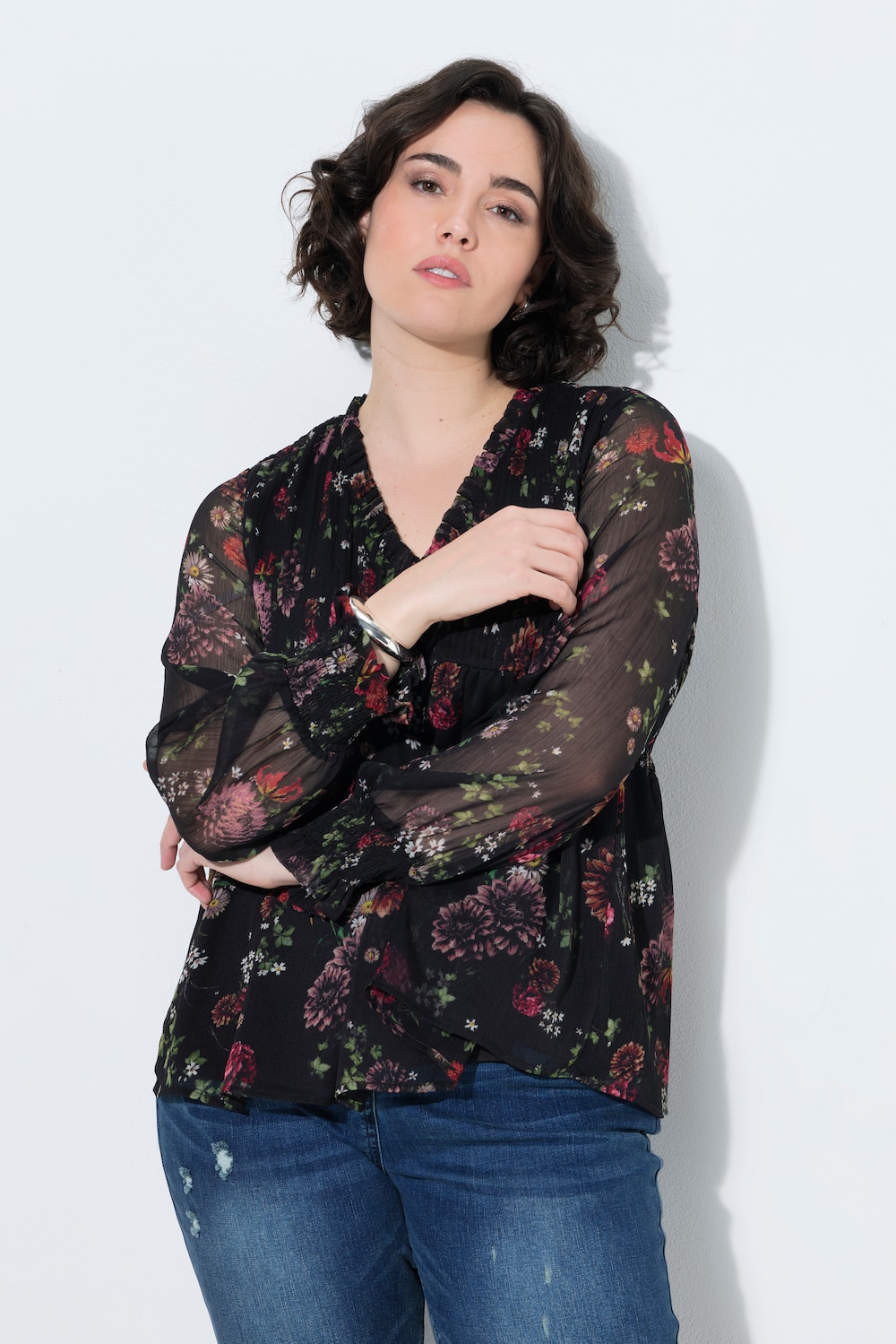 Chiffonbluse, Blüten, A-Linie, V-Ausschnitt, Langarm