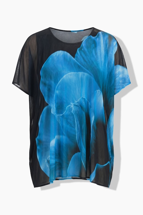 Mesh-bluse, blomstermønster, oversized, rund hals, korte ermer