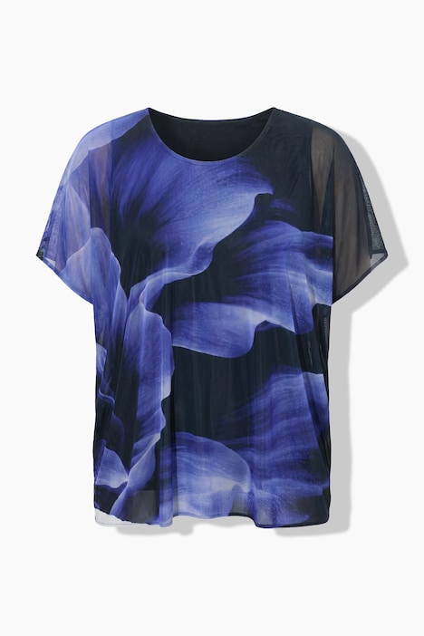Mesh-Bluse, Blüten, Oversized, Rundhals, Halbarm