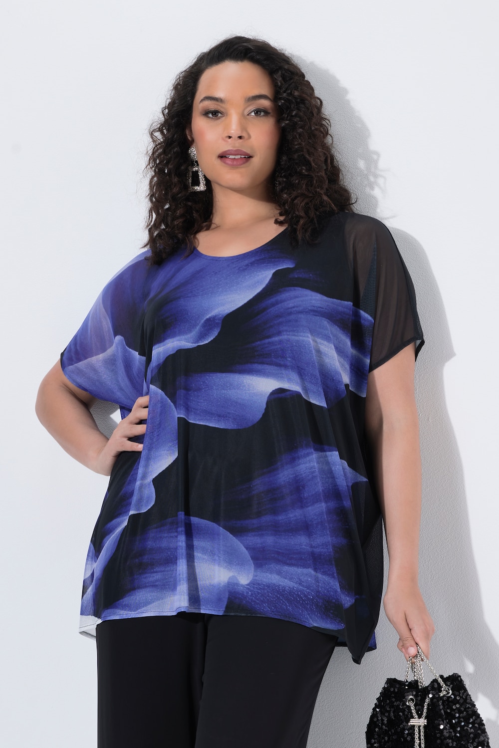 Mesh-Bluse, Blüten, Oversized, Rundhals, Halbarm