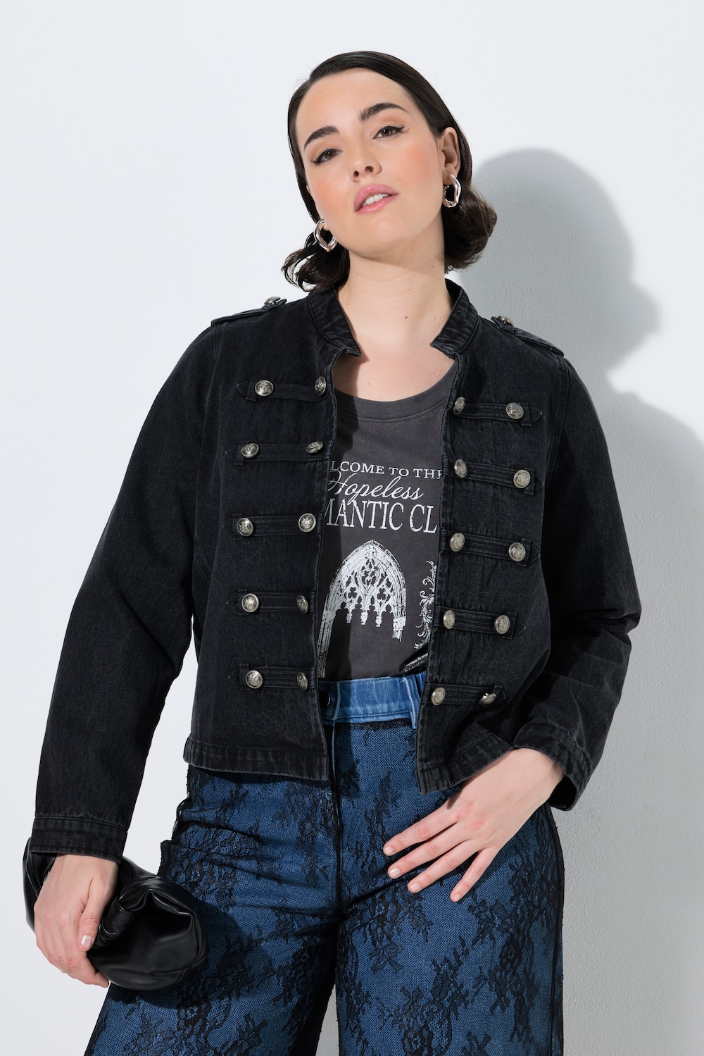 Military-Jeansjacke, Stehkragen, Schulterklappen