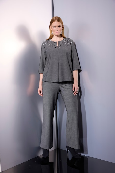 Tunika-Bluse, Ziersteine, Rundhals, 3/4-Arm