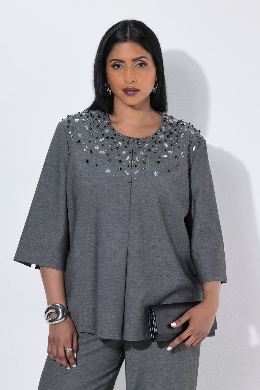Tunika-Bluse, Ziersteine, Rundhals, 3/4-Arm