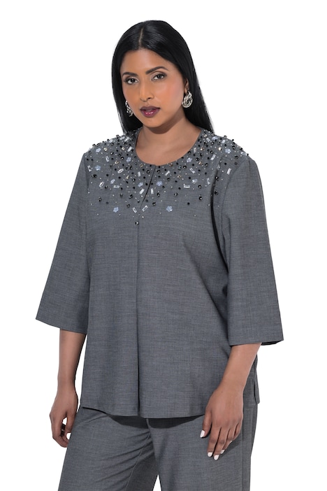 Tunika-Bluse, Ziersteine, Rundhals, 3/4-Arm
