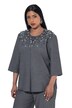 Tunika-Bluse, Ziersteine, Rundhals, 3/4-Arm