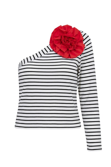 OneShoulder-Shirt, Slim Fit, Ringel, Blumen-Brosche